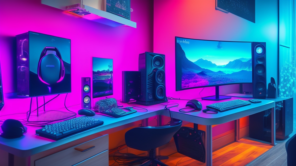 Teljes gaming setup PC toronnyal RGB világítással íves ultrawide monitorral mechanikus billentyűzettel gaming egérrel és headsettel modern asztalon